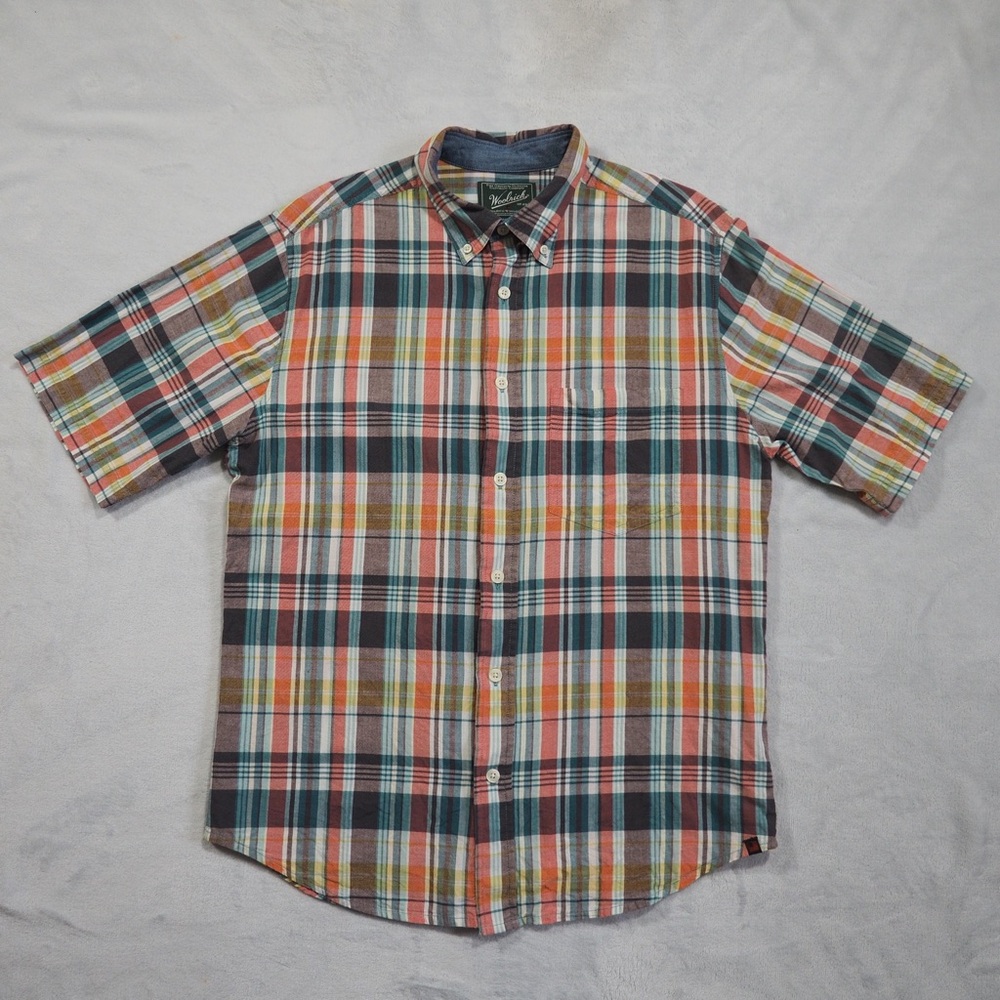 Woolrich Sz M Multicolor Plaid Casual Button Down Shirt Short Sleeve 100% Cotton